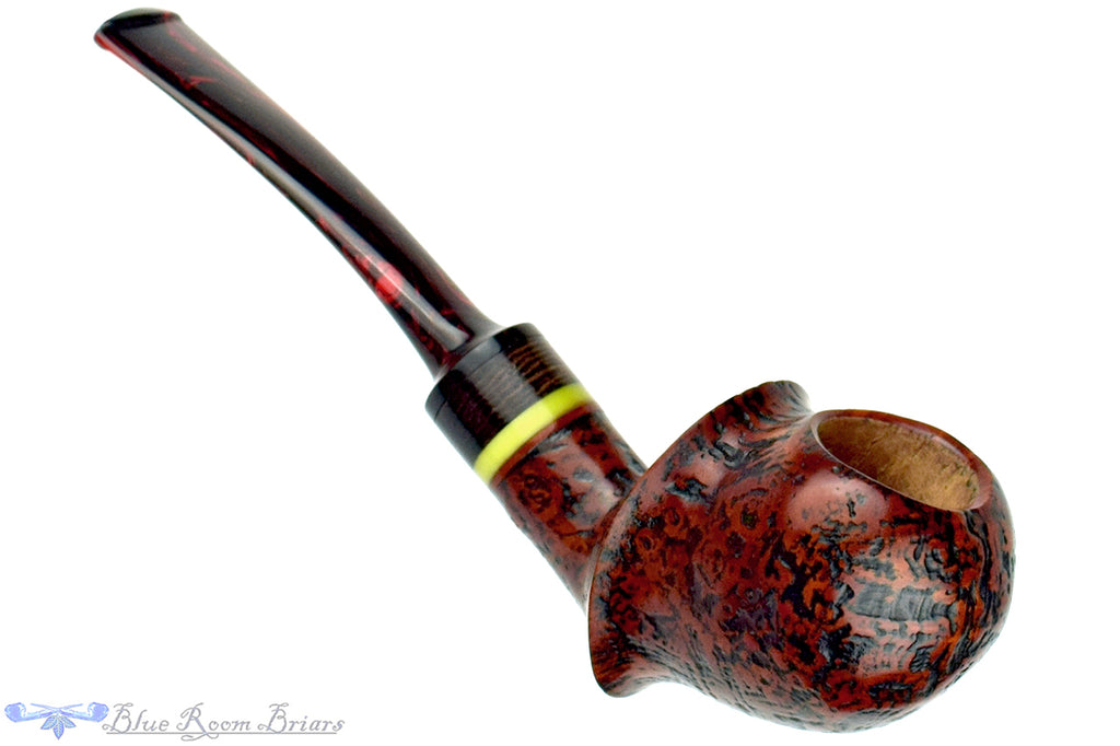 Blue Room Briars is proud to present this Daniel Mustran Pipe Bent Sandblast Blowfish with Black Palmwood and Elforyn