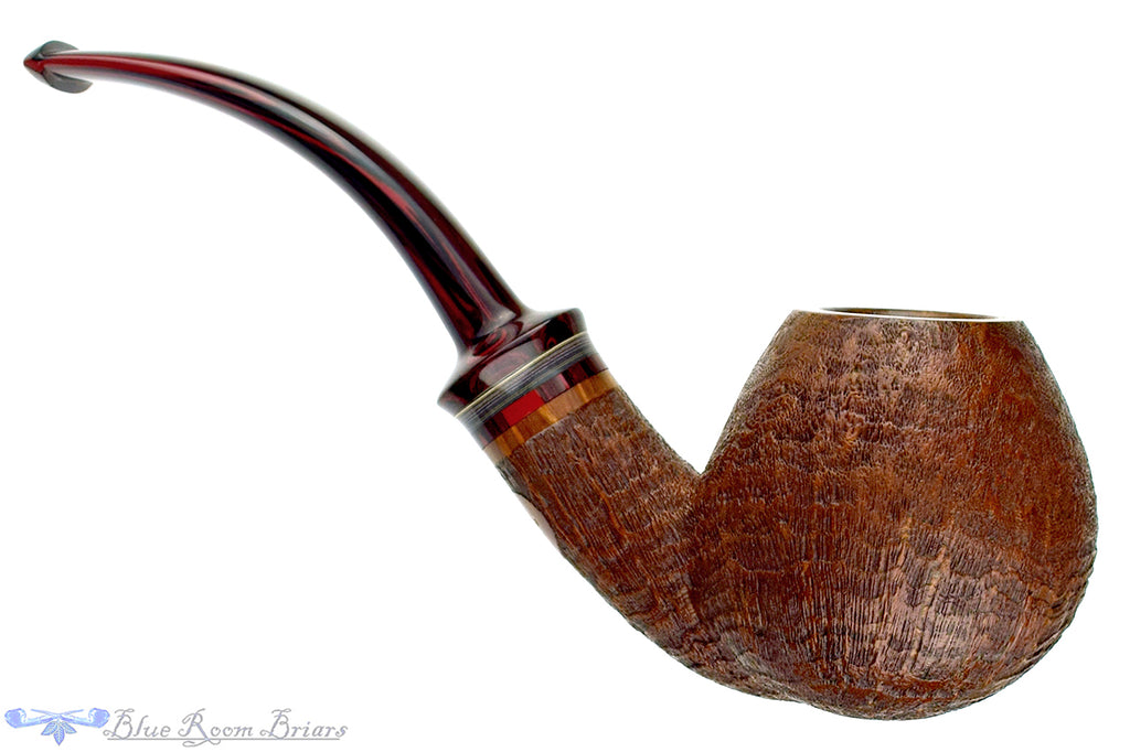 Blue Room Briars is proud to present this Russ Cook (2019 Make) Large Bent Sandblast Apple with Brindle and Fordite Estate Pipe