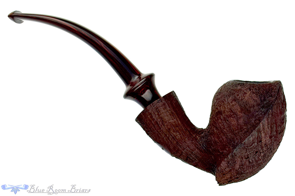 Blue Room Briars is proud to present this Russ Cook (2020 Make) Bent Sandblast Turtle with Brindle Estate Pipe