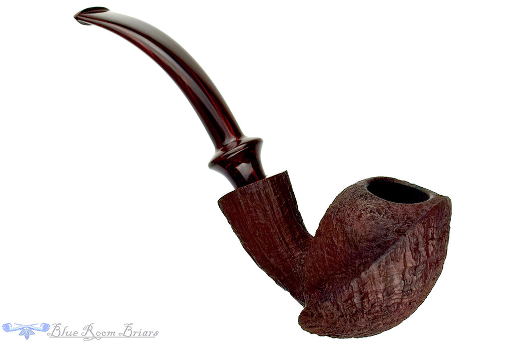 Blue Room Briars is proud to present this Russ Cook (2020 Make) Bent Sandblast Turtle with Brindle Estate Pipe