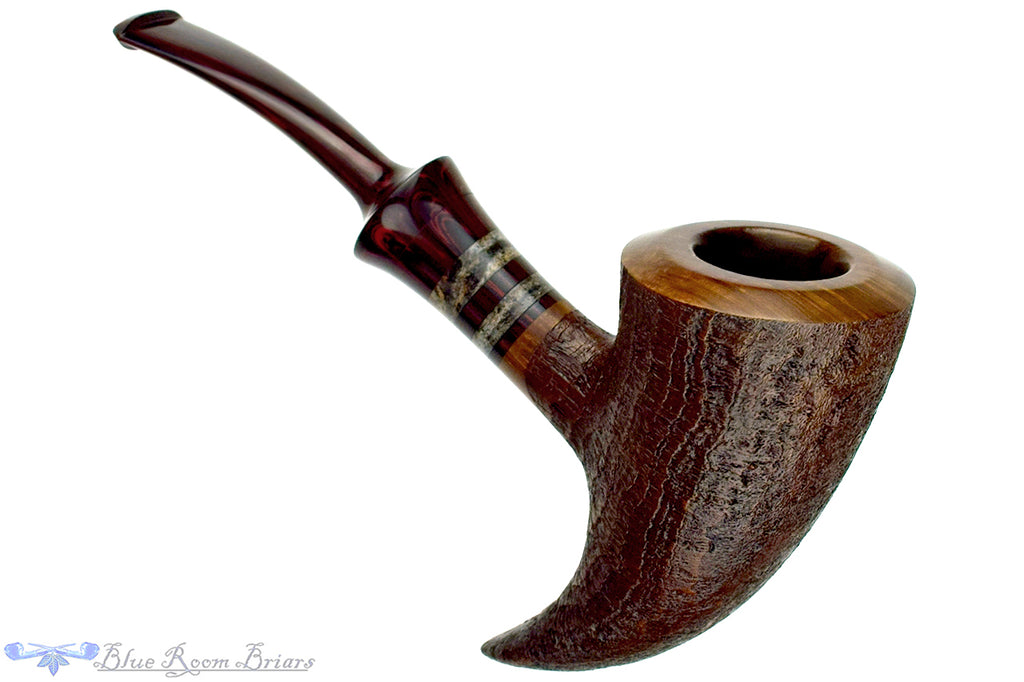 Blue Room Briars is proud to present this Russ Cook (2019 Make) Bent Sandblast Pickaxe with Stone and Brindle Estate Pipe