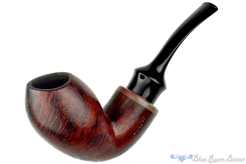 Blue Room Briars is proud to present this Chris Morgan Pipe Bent Satin Blast Reverse Calabash with Brindle