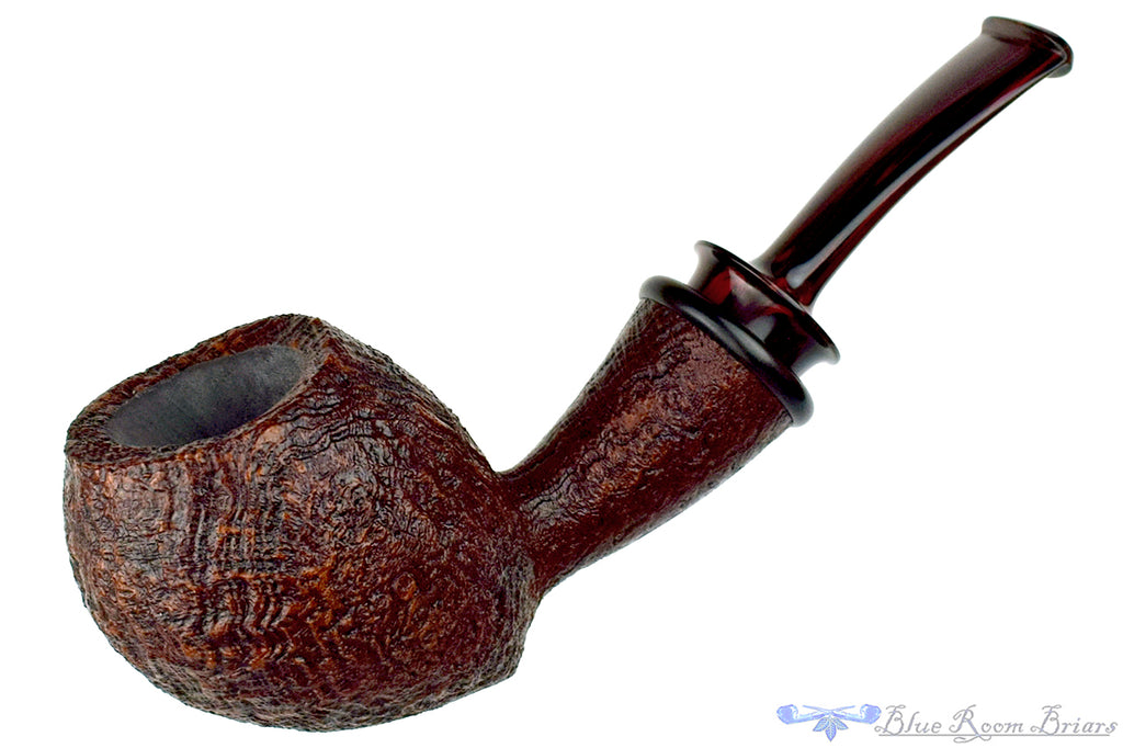 Blue Room Briars is proud to present this Bill Shalosky Pipe 781 Bent Sandblast Acorn with Gaboon Ebony and Brindle