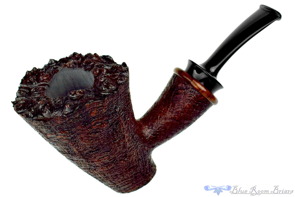 Blue Room Briars is proud to present this Bill Shalosky Pipe 780 Bent Ring Blast Cherrywood Sitter with Plateau and Cocobolo