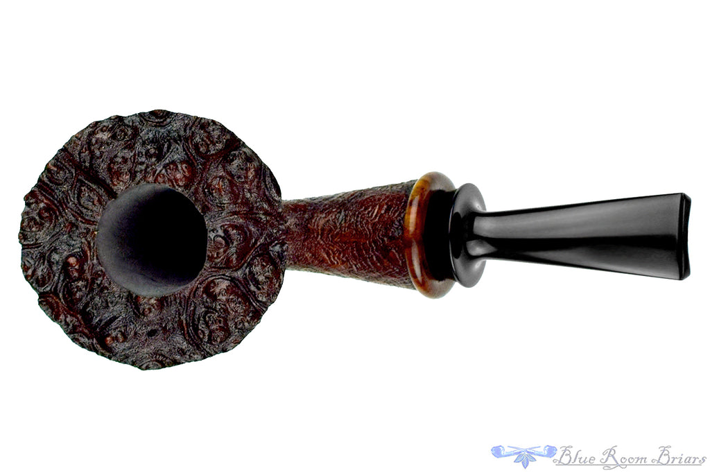 Blue Room Briars is proud to present this Bill Shalosky Pipe 780 Bent Ring Blast Cherrywood Sitter with Plateau and Cocobolo