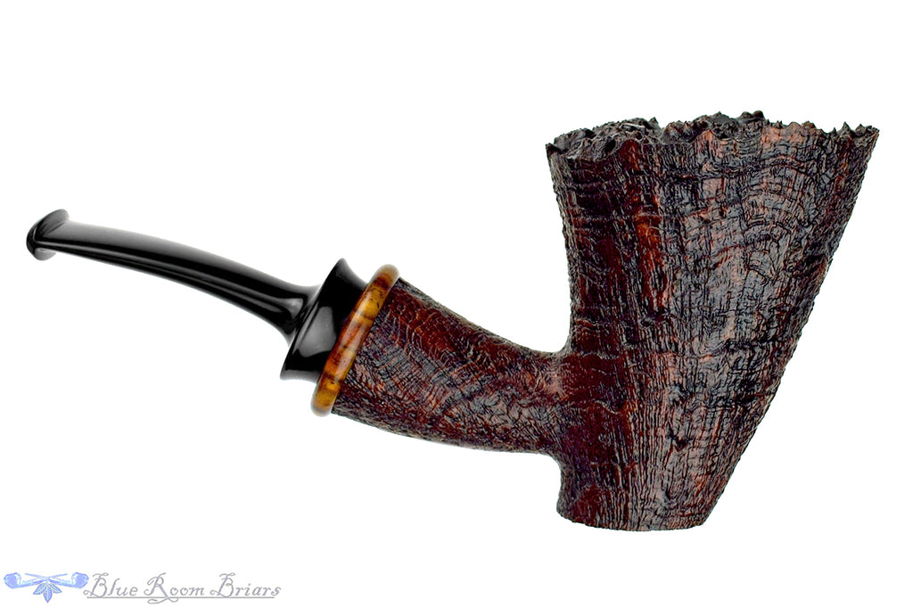 Blue Room Briars is proud to present this Bill Shalosky Pipe 780 Bent Ring Blast Cherrywood Sitter with Plateau and Cocobolo