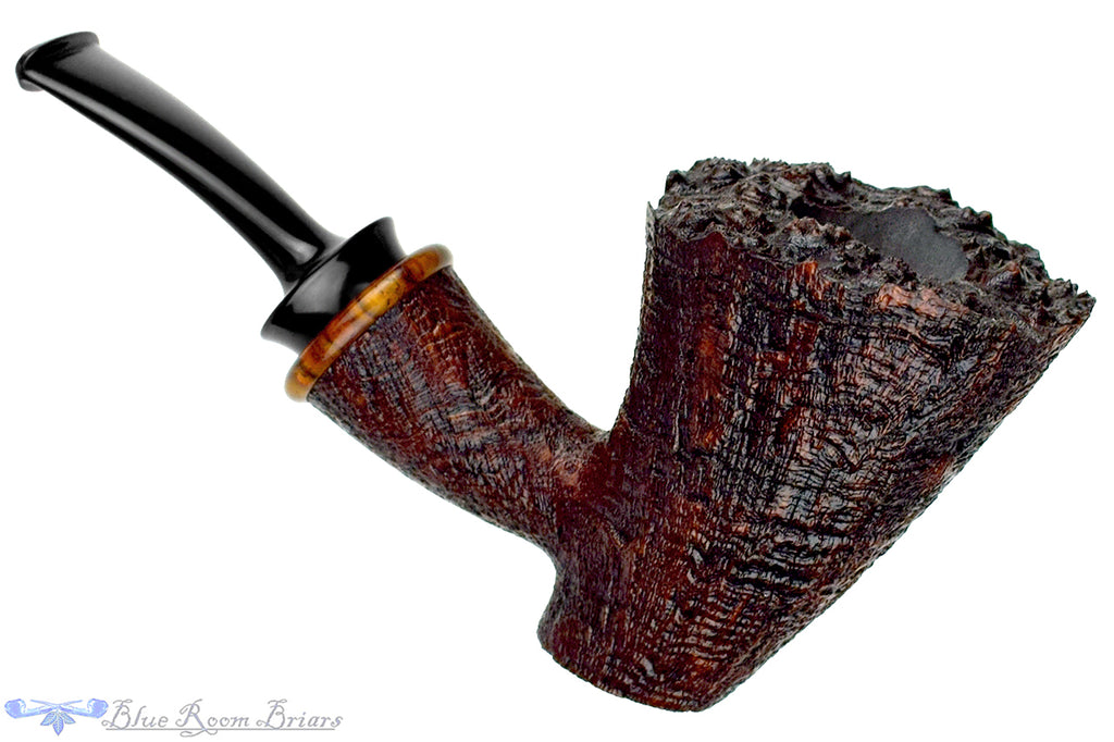 Blue Room Briars is proud to present this Bill Shalosky Pipe 780 Bent Ring Blast Cherrywood Sitter with Plateau and Cocobolo