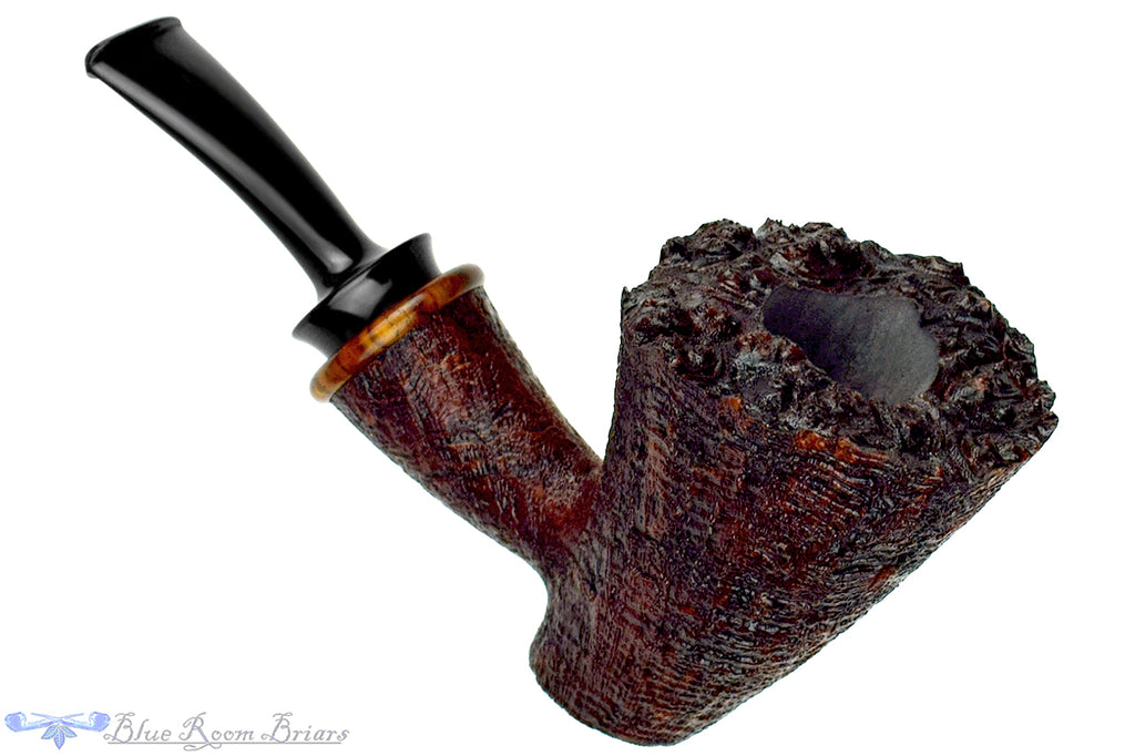 Blue Room Briars is proud to present this Bill Shalosky Pipe 780 Bent Ring Blast Cherrywood Sitter with Plateau and Cocobolo