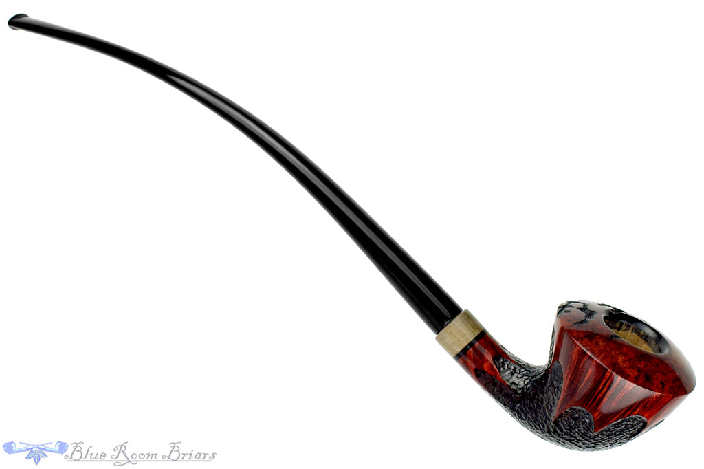 Blue Room Briars is proud to present this Marinko Neralić Pipe Partial Rusticated Churchwarden with Exotic Wood and Plateau